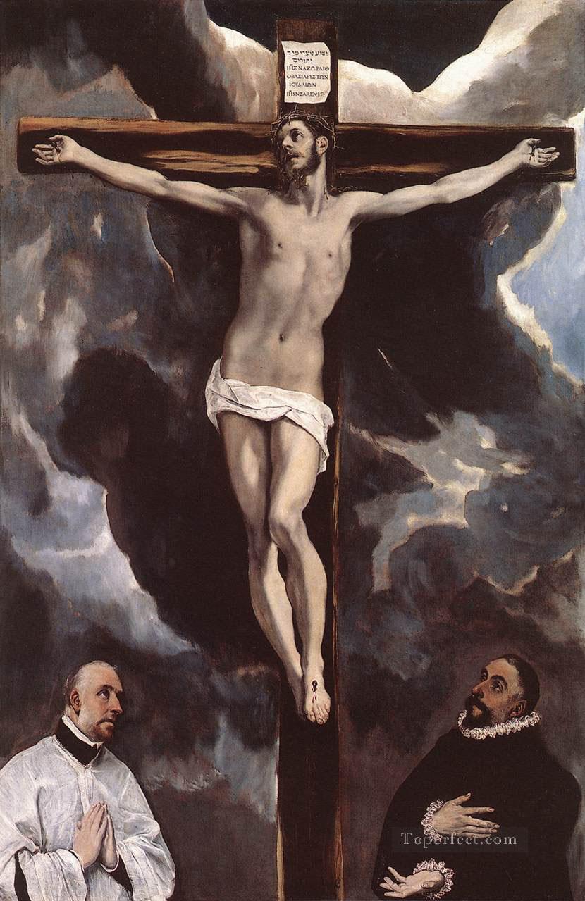 Christus am Kreuz Adored von Stifter 1585 Religiosen El Greco Ölgemälde
